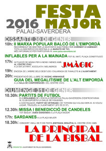 Programa d'actes de la Festa major de la candelera de Palau-saverdera. 30 i 31 d egener de 2016